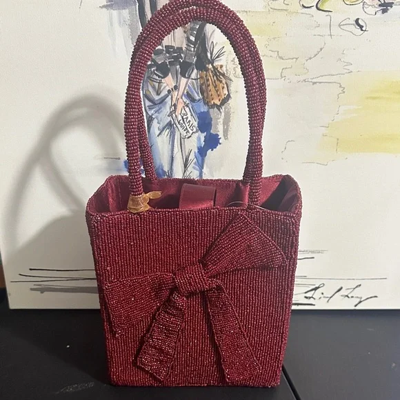From India to you maroon bow beaded handle bag - Picture 1 of 8